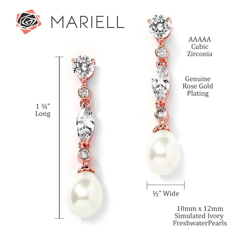Mariell Rose Gold Pearl Bridal Earrings with Cubic Zirconia Crystals, 1 Â¾" Long Dangle Wedding Earring for Brides, Homecoming, Mother of the Bride - Image 5